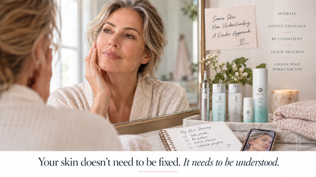 Woman over 40 examining her skin in the mirror with gentle skincare products and a skin progress jou