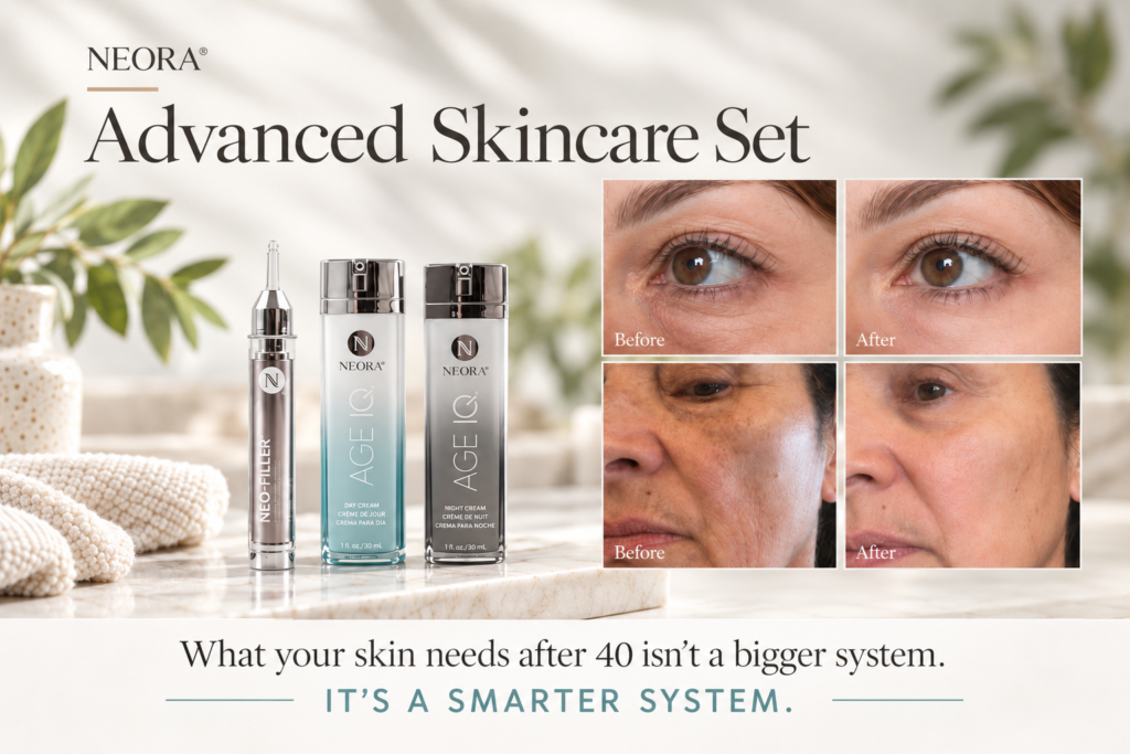 Neora Advanced Skincare Set with Neo-Filler, Age IQ Day and Night creams, and before -and- after mature skin comparison images.