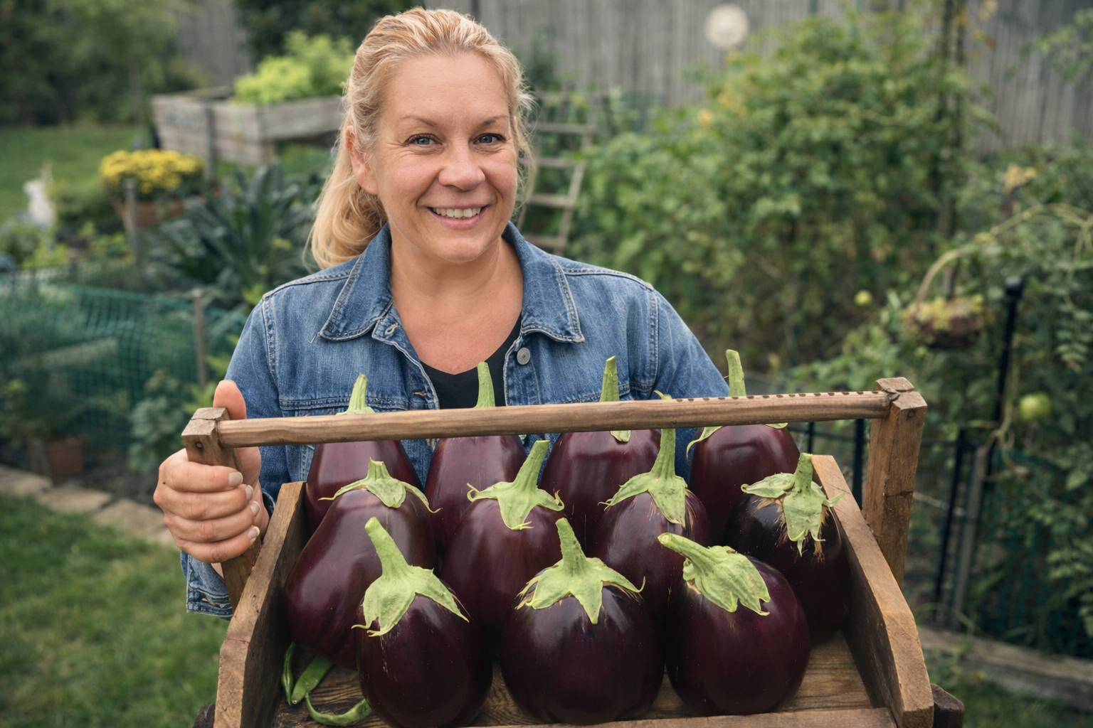 Lisa Cocchi harvesting eggplant from her garden at home