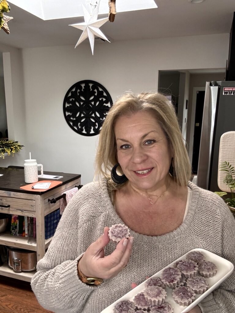 High protein frozen yogurt bites homemade tray batch holding piece in kitchen