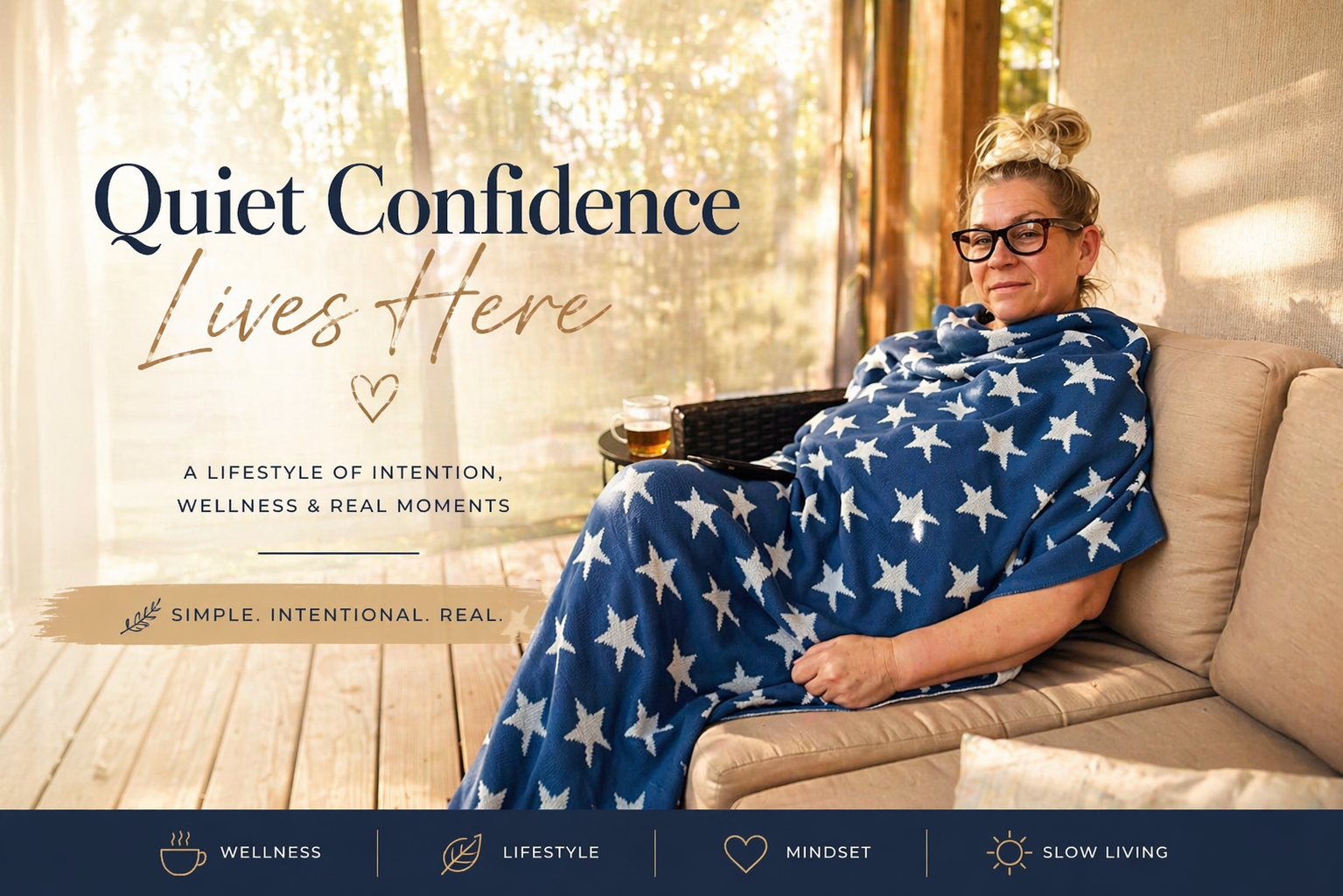 Woman relaxing at home with a blanket, creating a calm and intentional lifestyle space focused on wellness and everyday living