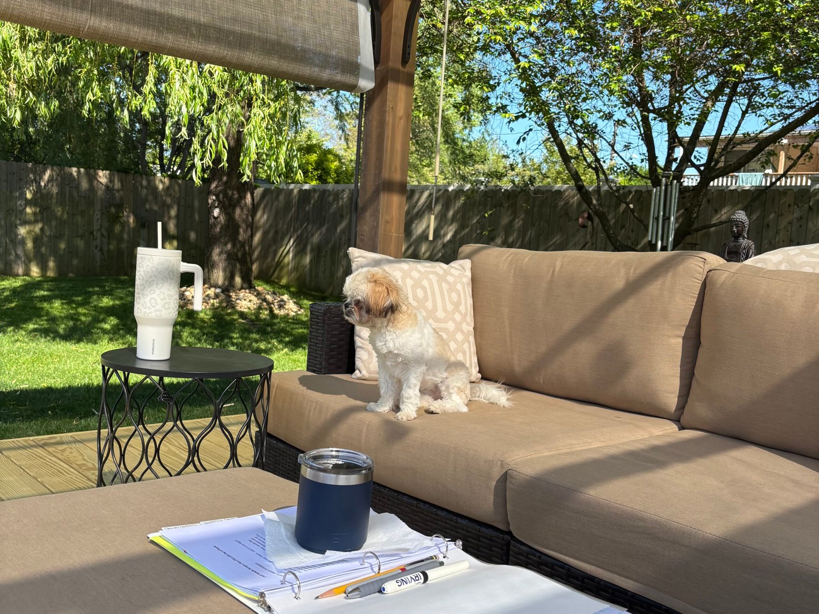 Outdoor backyard workspace designed for intentional living, wellness routines, and lifestyle inspiration
