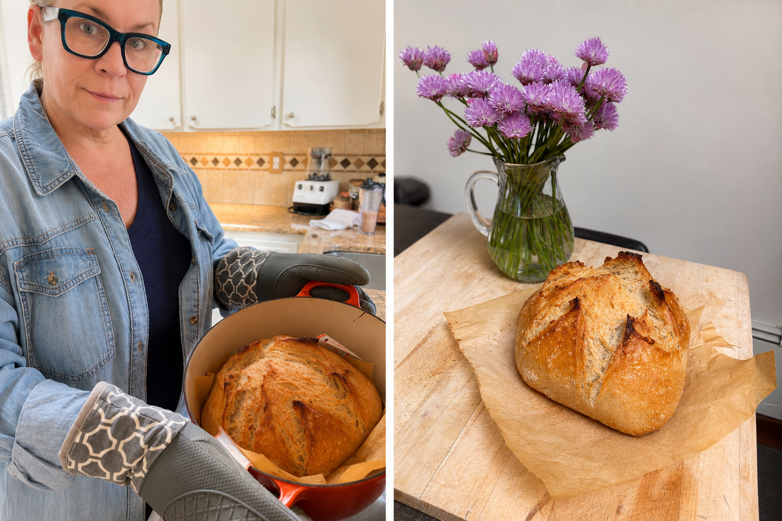 Lisa preparing homemade sourdough bread in her kitchen as part of her intentional wellness lifestyle.