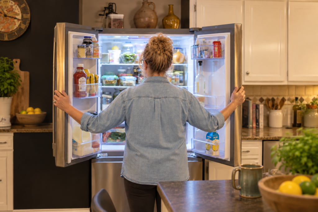 Woman looking in refrigerator for dinner ideas
