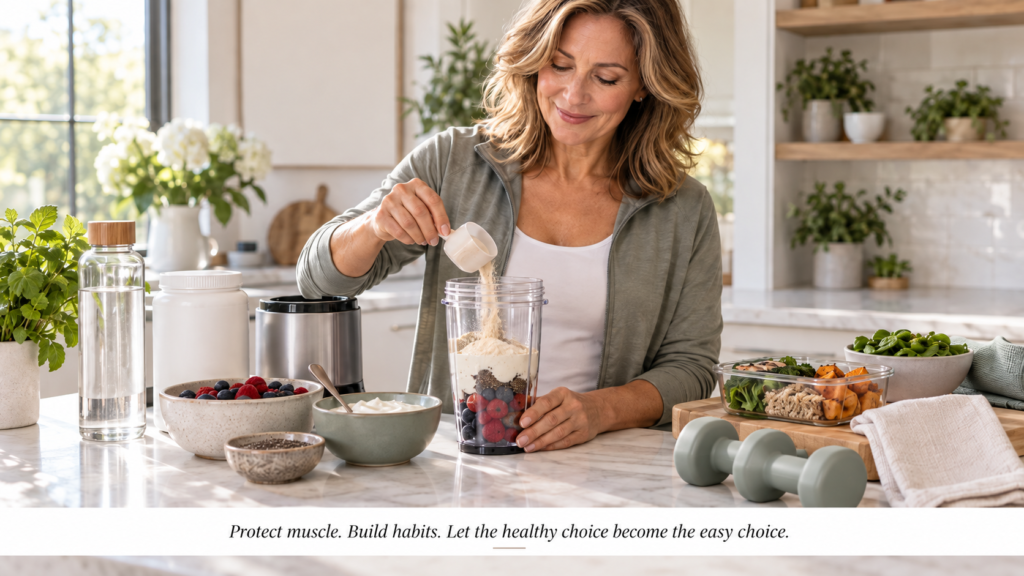 Woman over 40 preparing a protein smoothie with berries, Greek yogurt and chia seeds beside healthy meal prep and dumbbe