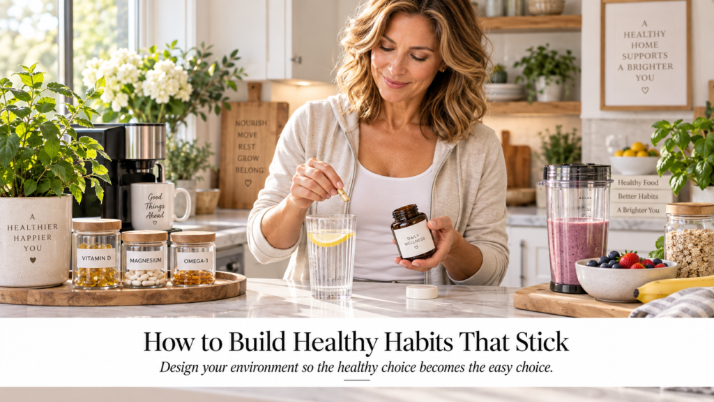 Woman over 40 building healthy habits with supplements, water, smoothie ingredients and a supportive kitchen setup