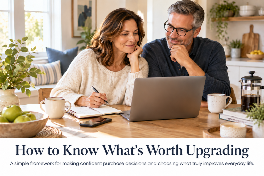 Couple reviewing purchase options together on a laptop at the kitchen table