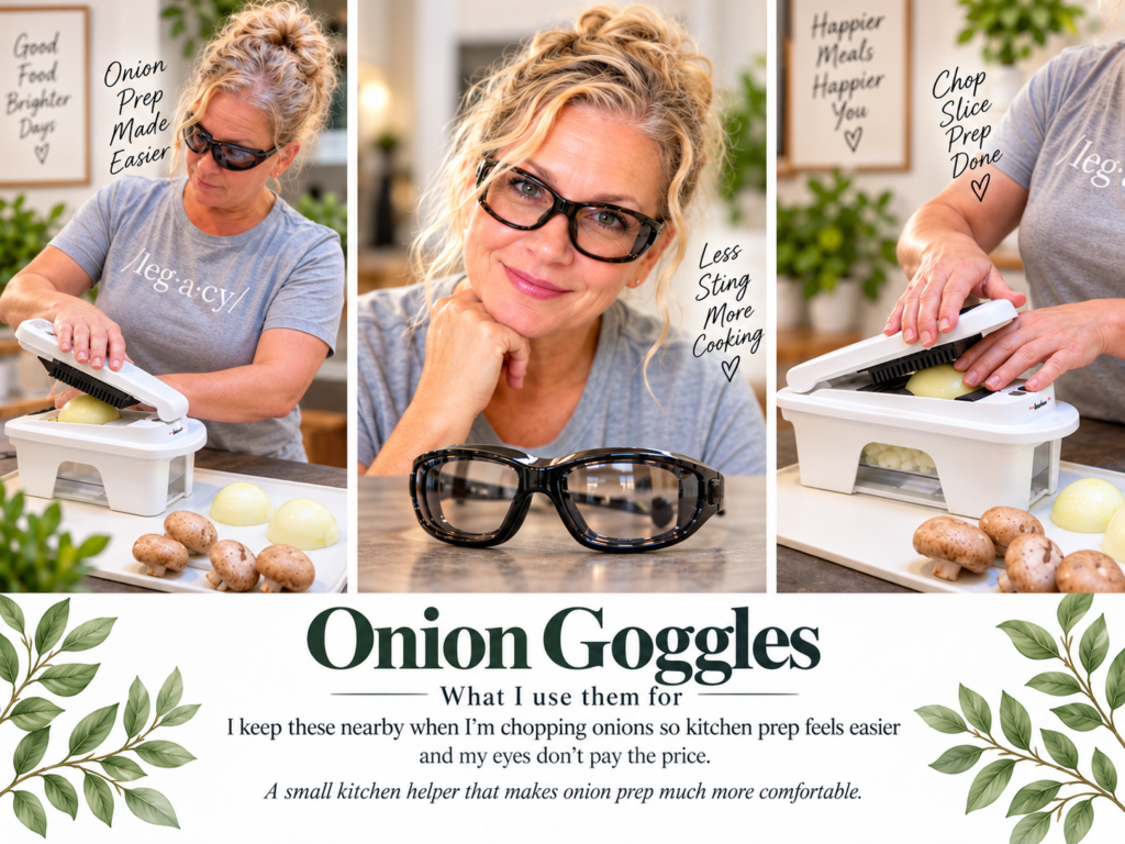 Woman wearing onion goggles while chopping onions with a kitchen chopper