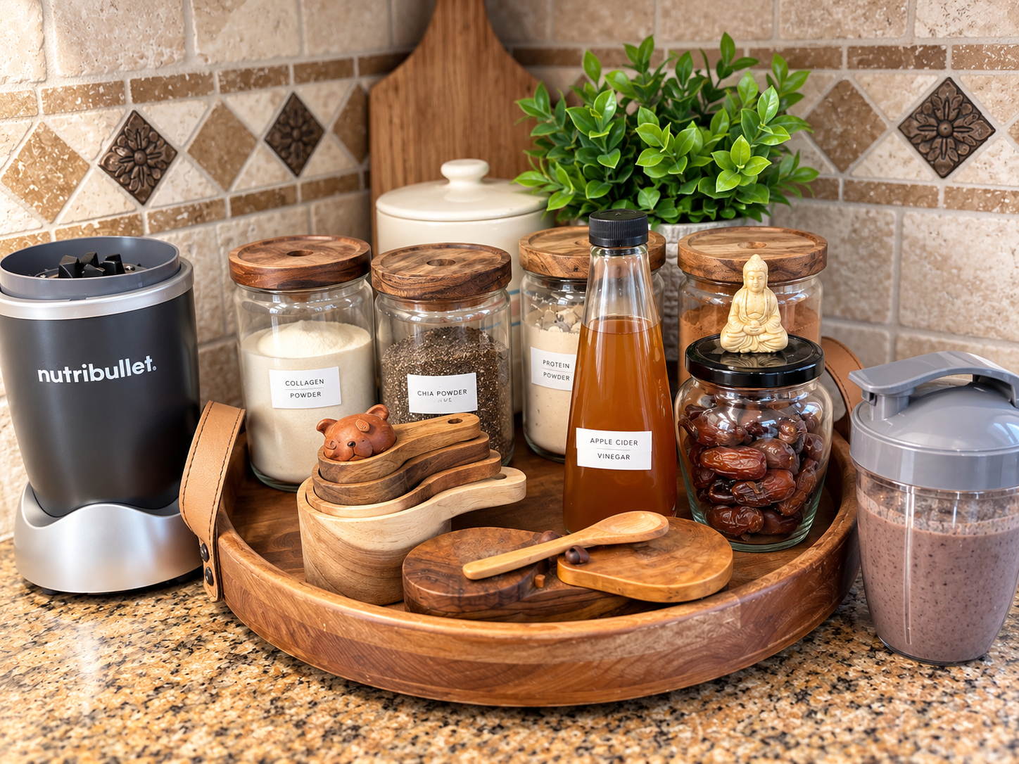 Healthy morning routine station with protein, collagen, chia seeds, and Nutribullet