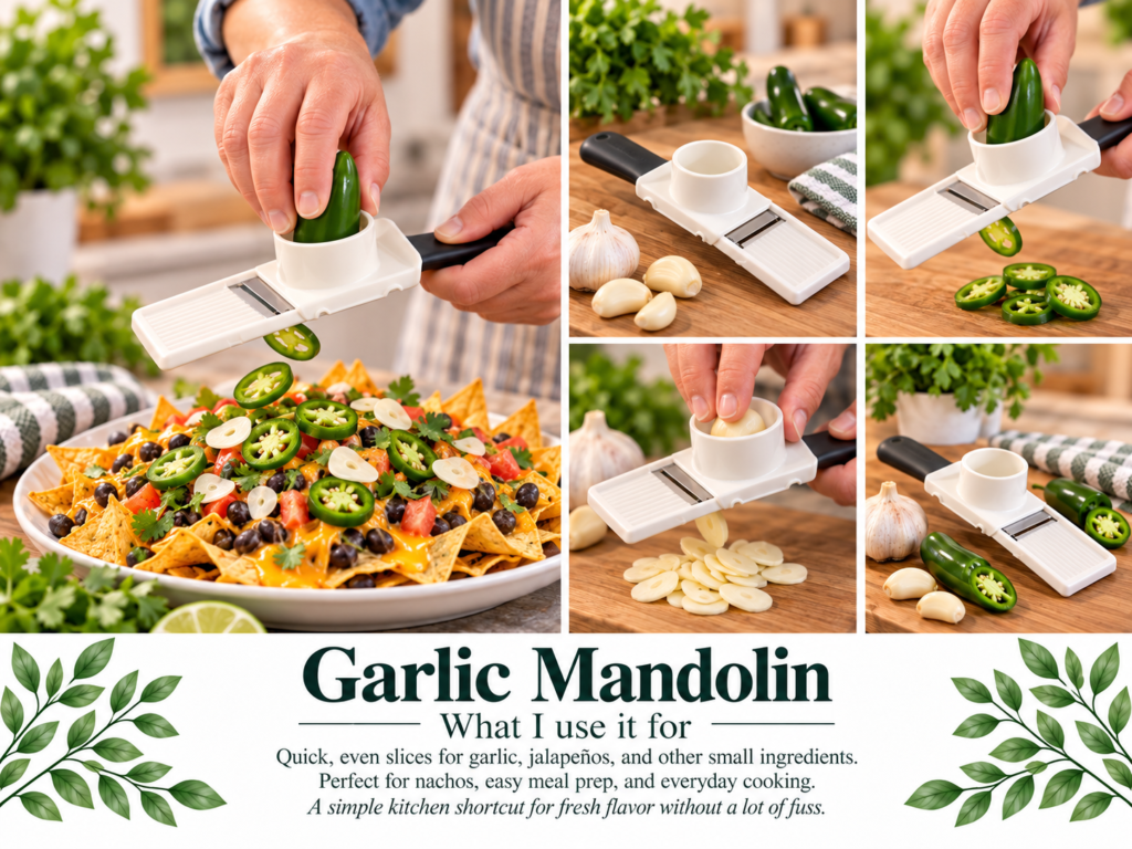 Garlic mandolin slicing jalapeños over nachos with smaller images showing the tool used for garlic and jalapeño prep in a kitchen.