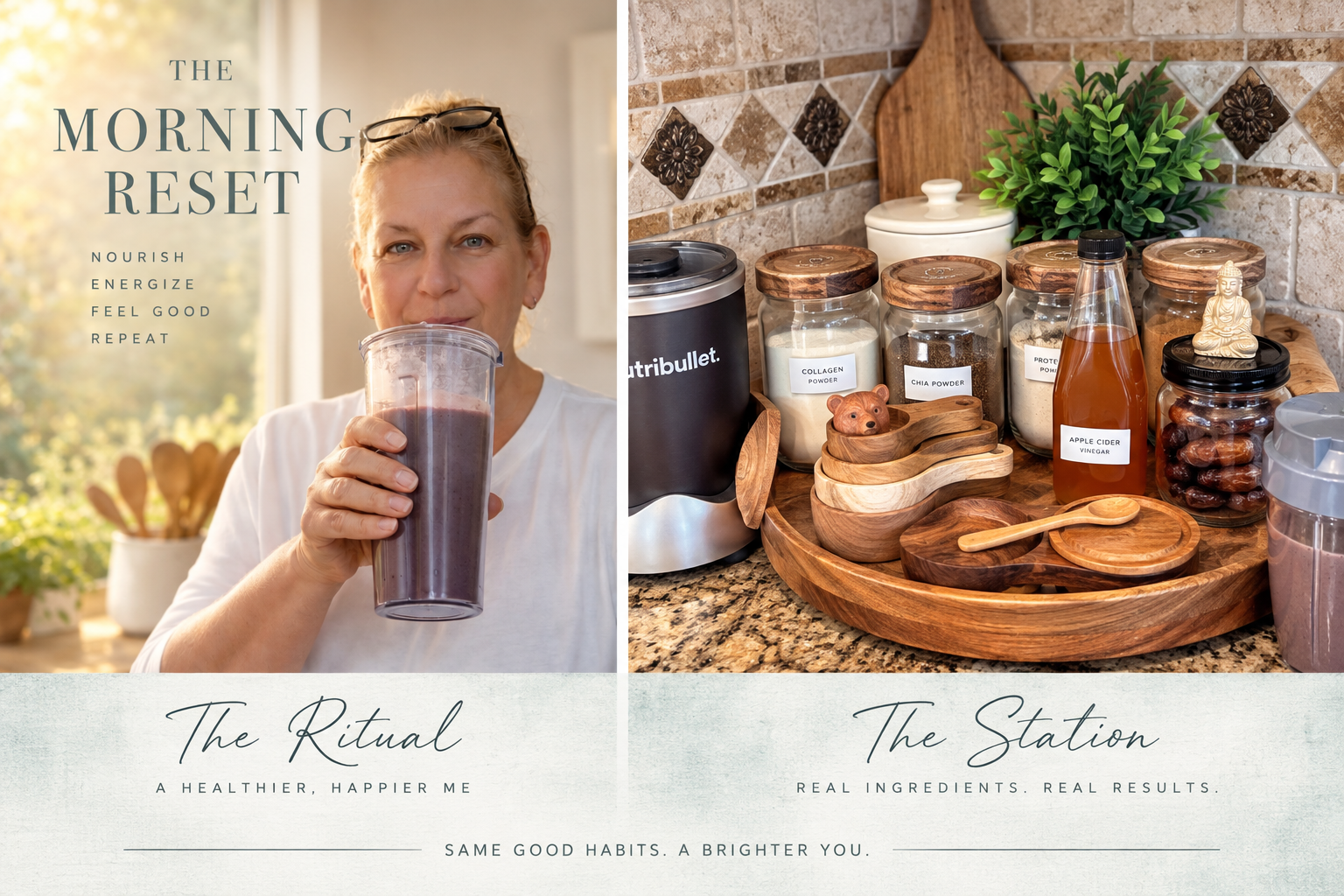Healthy morning routine with protein shake and wellness nutrition station