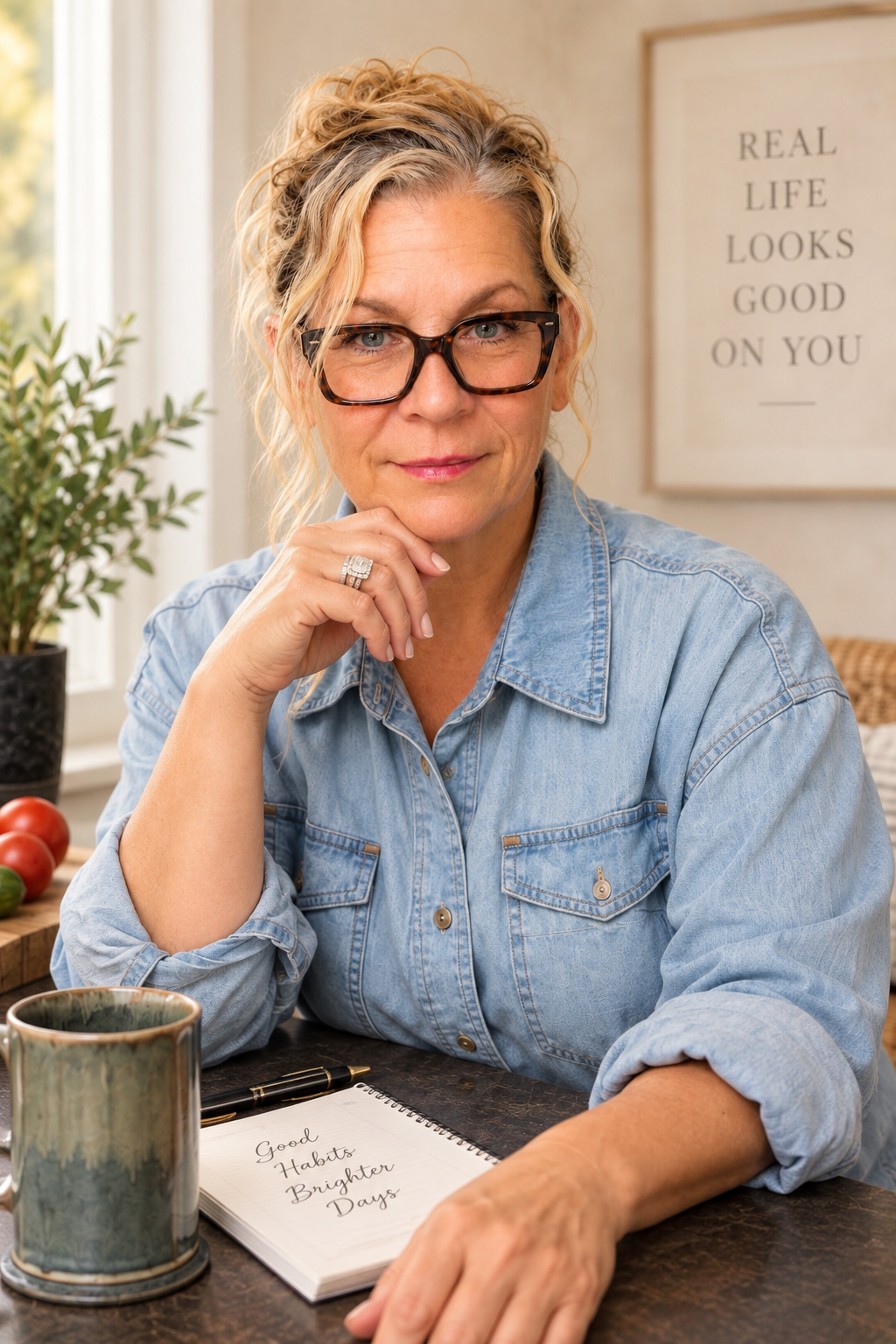Lisa Cocchi seated in a natural lifestyle setting with her wedding rings visible