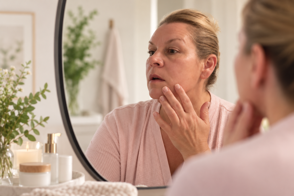 Woman over 40 examining mature skin in mirror