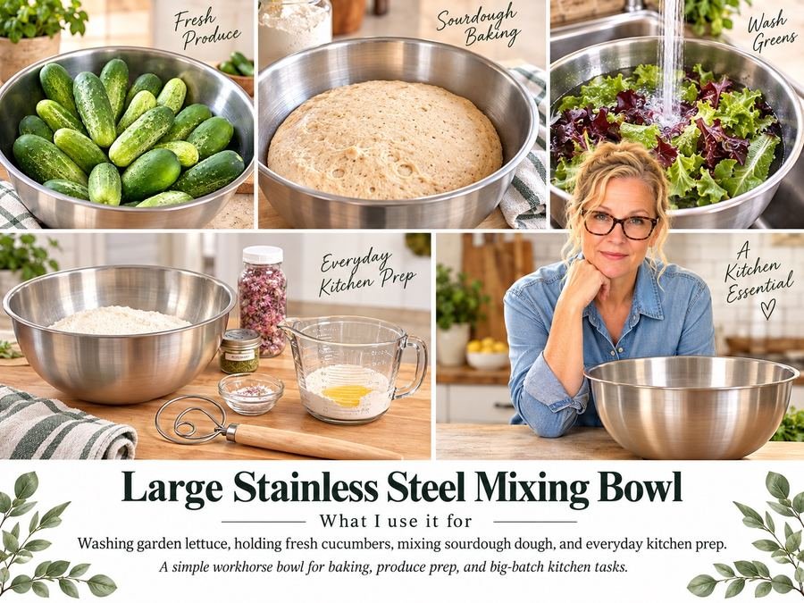 Large stainless steel mixing bowl used for sourdough baking, washing produce, salad prep and everyday kitchen tasks