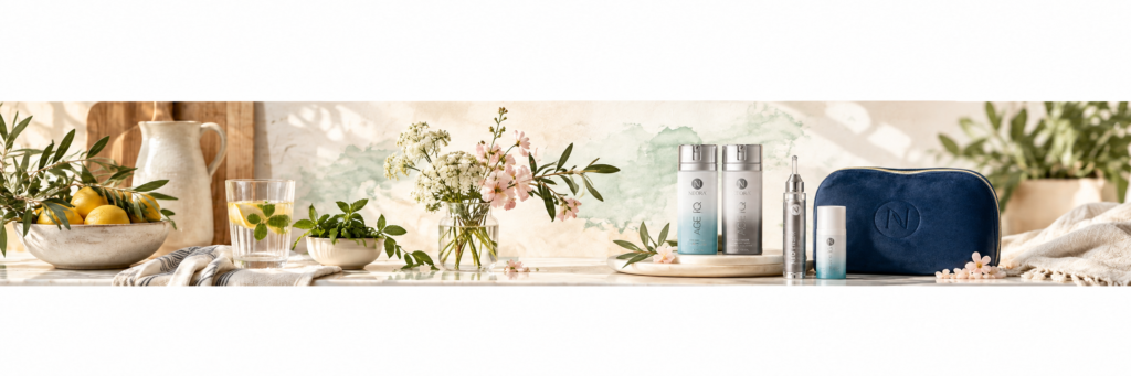 Lifestyle banner with lemons, flowers, greenery, and Neora skincare products arranged on a light countertop