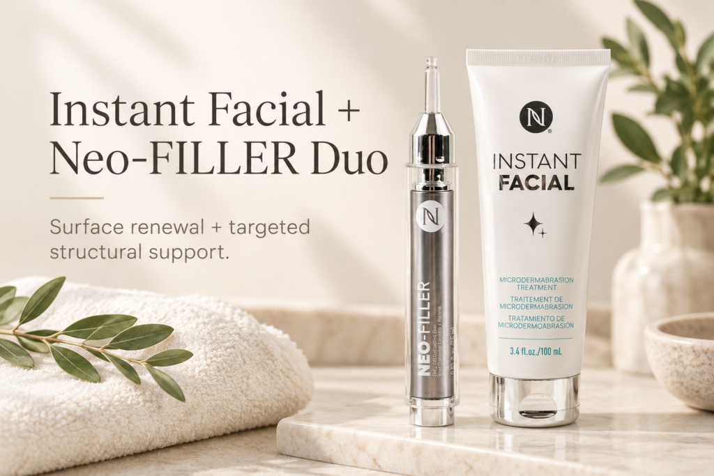 Neora Instant Facial and Neo-FILLER Duo displayed on a marble vanity with text highlighting surface renewal and targeted structural support
