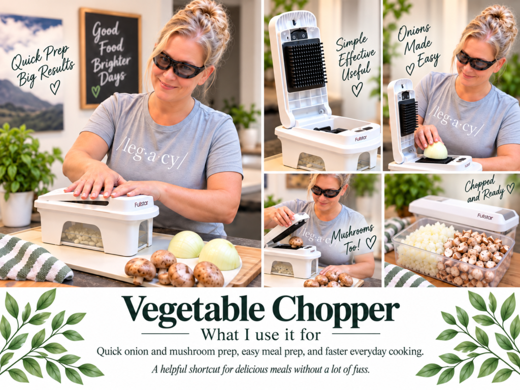 Woman using a vegetable chopper to prep onions and mushrooms for easy meal preparation