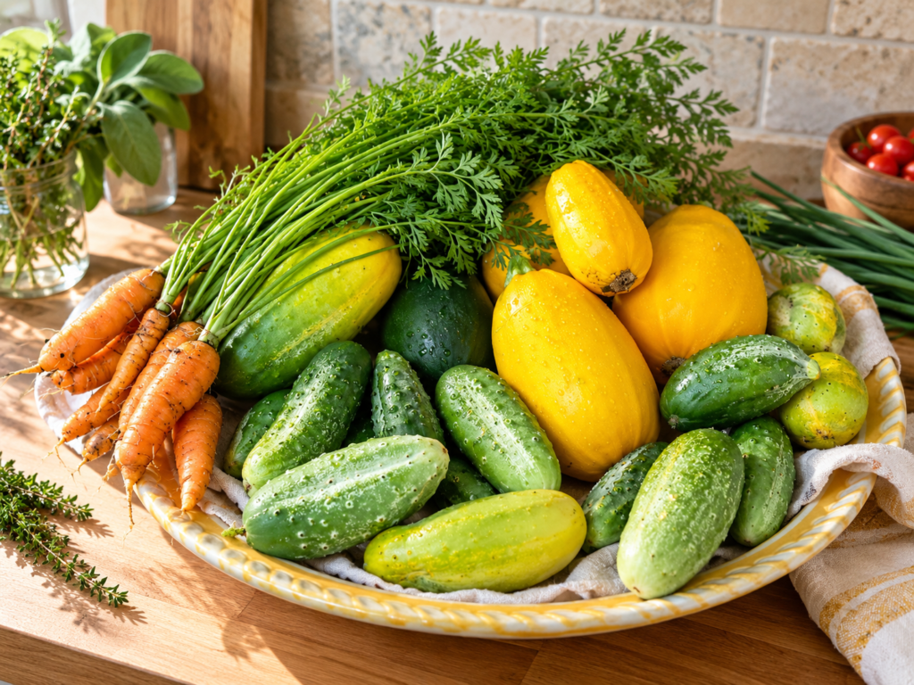 Homegrown cucumbers, yellow squash and freshly pulled carrots gathered together after a garden harvest