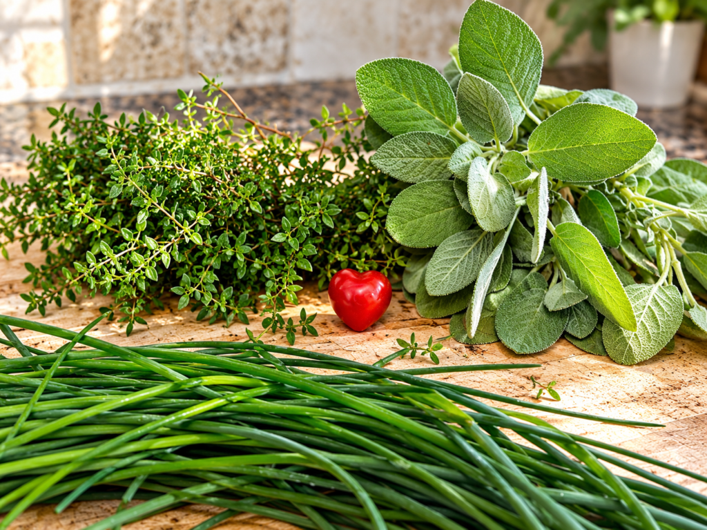Fresh chives, sage and thyme gathered from Lisa Cocchi's personal garden on a wooden kitchen work space.