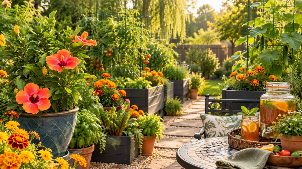 Colorful garden Room-Garden to Table hibiscus, marigolds, raised beds, herbs, and sun tea in warm natural light