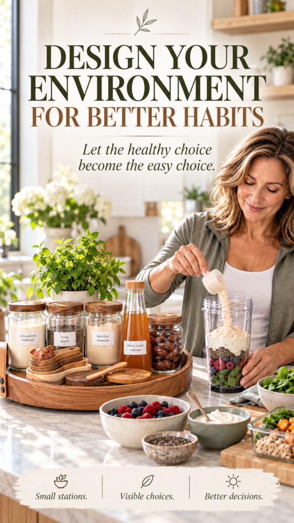 Woman preparing a protein smoothie in an organized kitchen designed to support healthier daily habits.