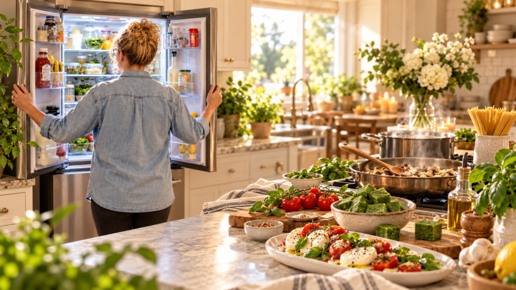Woman looking into an open refrigerator while preparing a meal in a warm, sunlit kitchen.